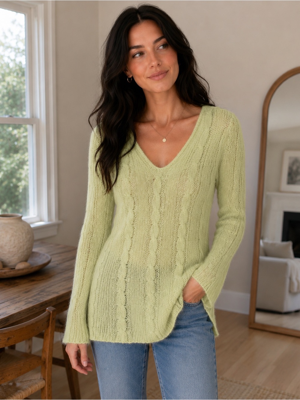 Wooden Ships Mohair Blend Cable Knit Sweater Pale Yellow Boho Cottagecore